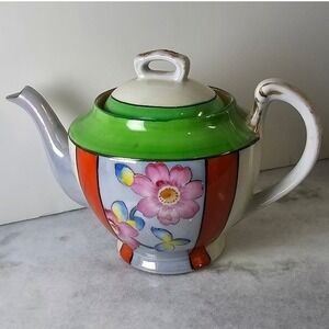 Trico Nagoya Japan Lusterware Teapot 1930s Vintage Floral Gold Trim Art Deco